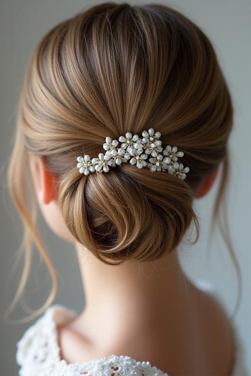 Bridal hairstyle with elegant updo and intricate beading