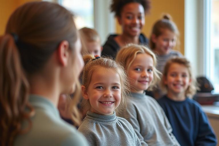 Happy family with children receiving salon-style haircuts or styles