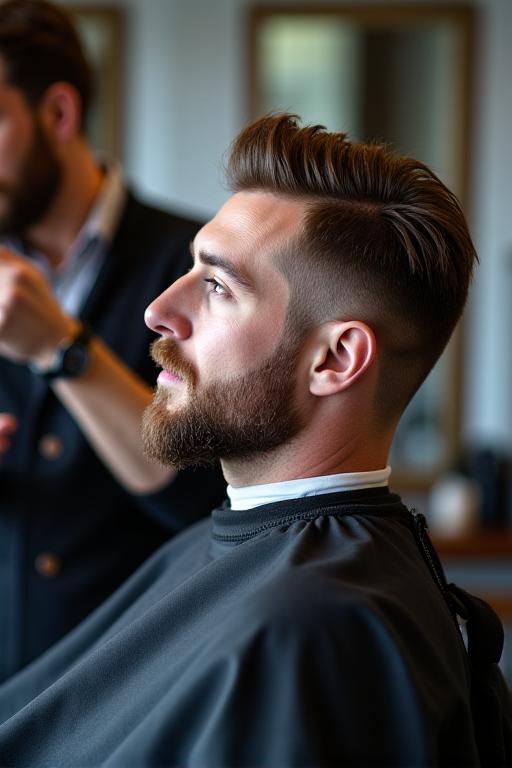 Modern men's grooming cut and beard styling in professional setting