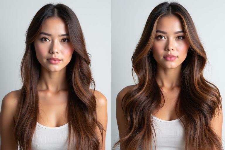 Hair extensions before and after comparison showing natural volume enhancement